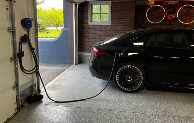 EV wall charger installed in a modern residential garage