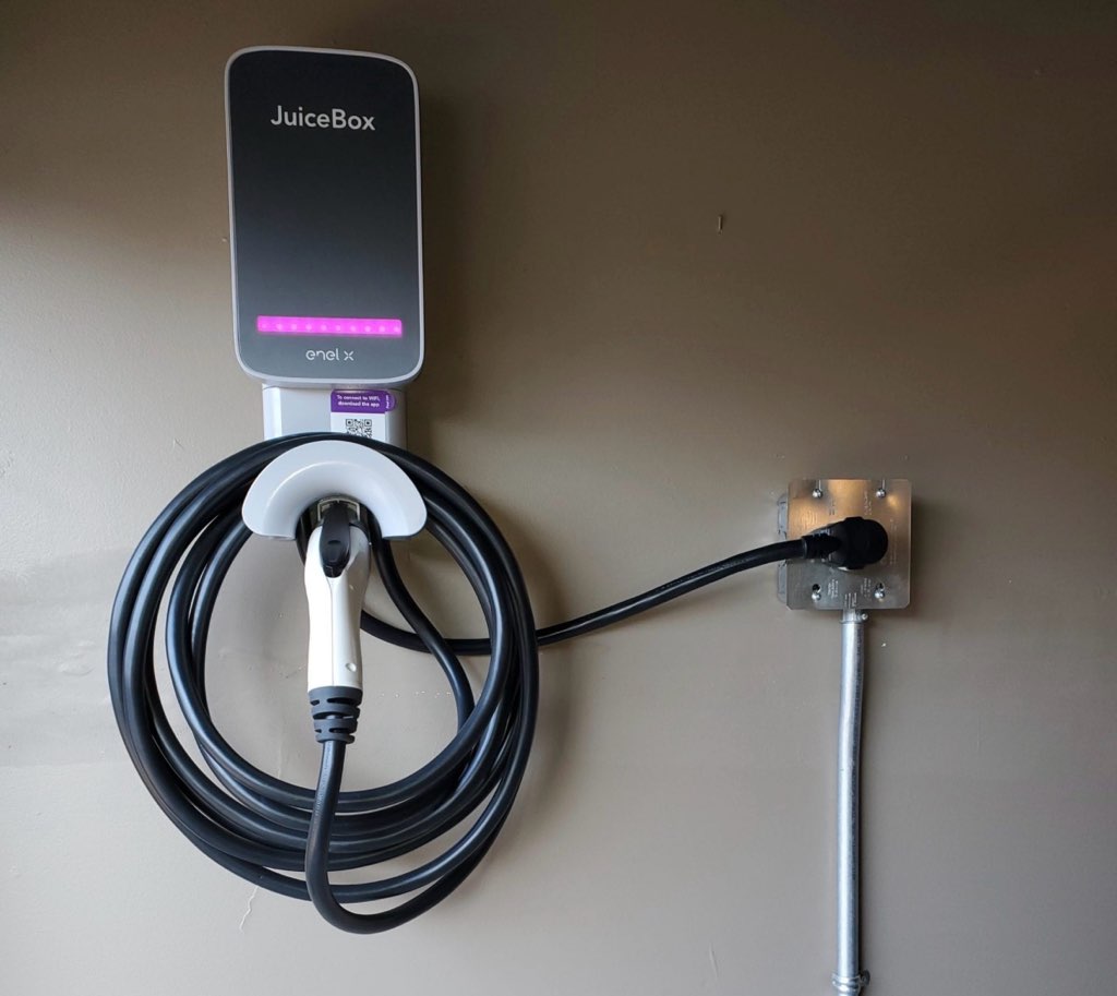 JuiceBox Level 2 EV charger with clean conduit run